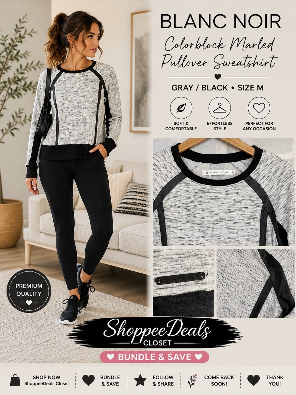 Blanc Noir Colorblock Marled Long Sleeve Pullover Sweatshirt Gray Black Size M
